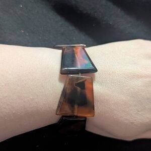 Brown Tortoise Shell Pattern Geometric Bead Stretchy Elastic Statement Bracelet
